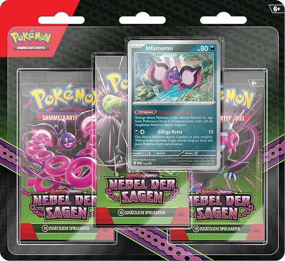Pokémon-Sammelkartenspiel: 3er-Pack-Blister Karmesin & Purpur – Nebel der Sagen: Infamomo (3 Boosterpacks & 1 holografische Promokarte)