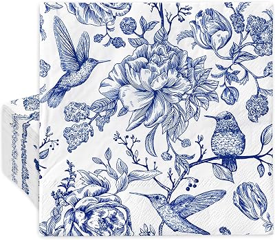 AnyDesign 80Pcs Blue Floral Paper Napkins Vintage Flower Birds Luncheon Napkins Blue White Floral Dessert Dinner Hand Napkin for Wedding Birthday Home Kitchen Tea Party Supplies, 6.5 x 6.5 Inch