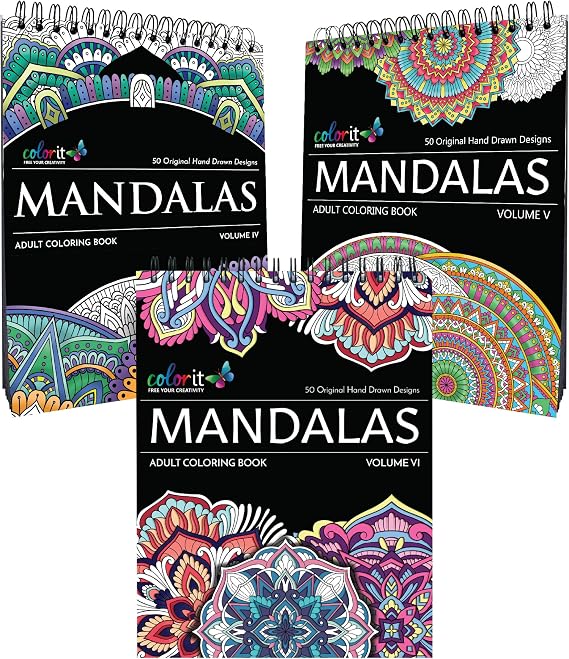 ColorIt Mandalas to Color Volume IV,V,VI, Adult Coloring Book 50-Page for Each Mandalas Coloring Book for Adult Relaxation with Spiral Book Binding, Thick and Perforated Pages, Flat Hardback Cover