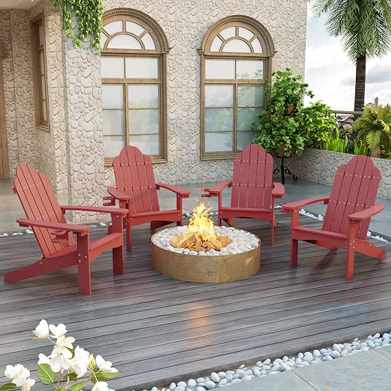 LUE BONA HDPS Outdoor Adirondack Chair, Cup Holder, Set of 4, Red