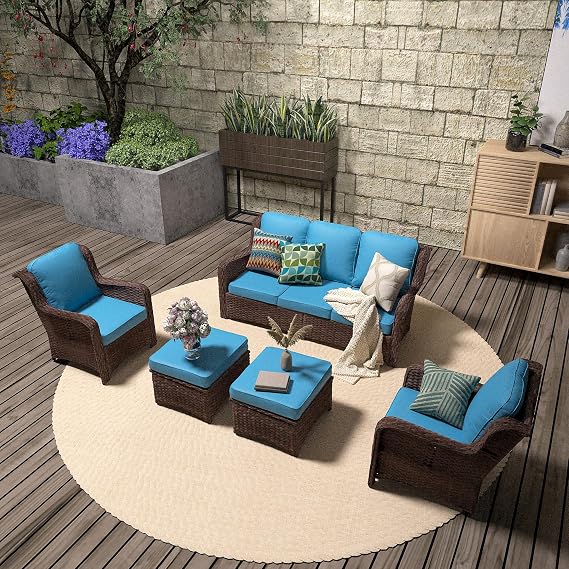 5 Piece Patio Furniture Set Outdoor Rattan Chair with Ottomans Wicker Furniture Conversation Set Patio Rattan Wicker Sectional Sofa Set for Backyard Porch Garden Lawn Balcony, Brown Grey, Peacock Blue