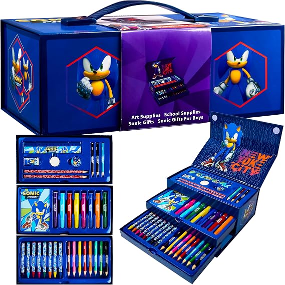 Get Trend Sonic the Hedgehog Arts & Crafts Set for Kids, 34 Pcs Colouring & Art Supplies, Crayons Pencils Notepad & Accessories, Stationary Supplies for Kids