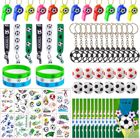 Soccer Party Favors Supplies Set With 80PCS Soccer Theme Birthday Party Decorations Gift Toy Stickers Eraser Silicone Wristbands Soccer Ball Keychains Whistle Prefect for Football Party Gifts Bags