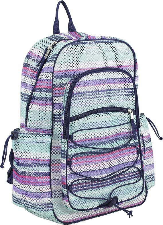 Eastsport XL Semi-Transparent Mesh Backpack with Comfort Padded Straps and Adjustable Bungee for Work, Sports, Beach, College and Security - Light Blue Rainbow