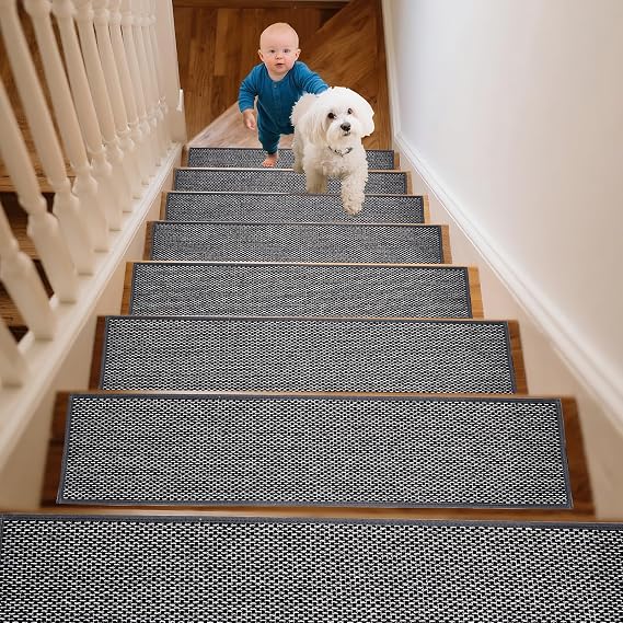 15 Pack Stair Treads for Wooden Steps Indoor, 8" X 30" Carpet Stair Treads Non Slips, Reusable Adhesive Staircase Step Treads Pads for Kids Elders & Pets(Black)