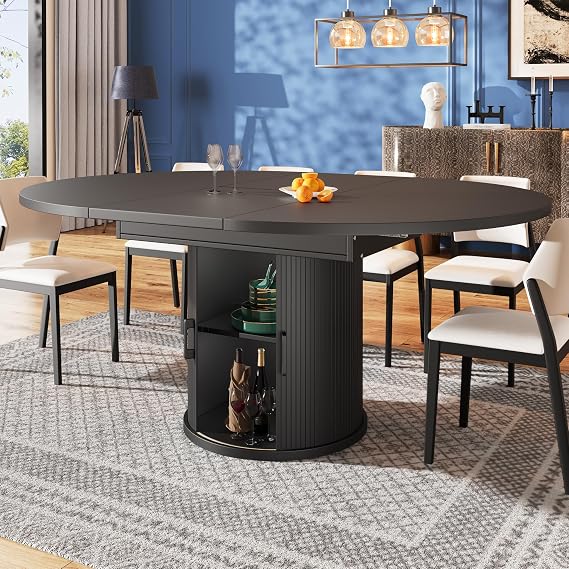 Extendable Dining Table Kitchen Table for 4-6 People, Minimalist Round Dining Tables with Storage Space and Doors, Kitchen Furniture with Shelves, Extends to Oval, Black, 118-158x118x76.8 cm