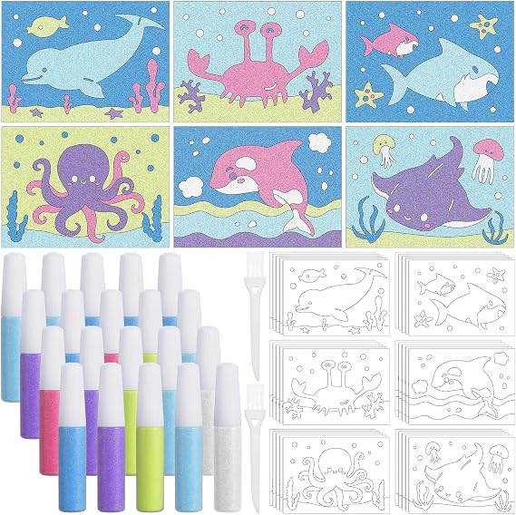 VercanMonth 30 Set Ocean Animal Sand Art Kit DIY Sand Painting Set | vibrant colored ocean animal sand painting cards,Educational Craft for Kids Classroom Creative Activities