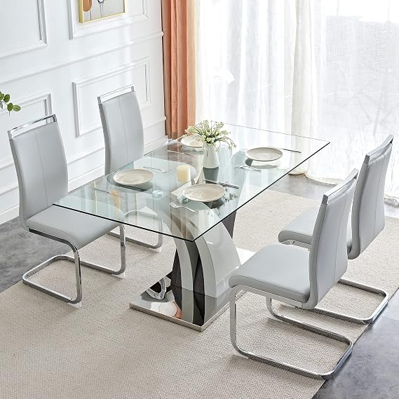 AZmac Glass Dining Table Set for 4, 63" Dining Room Table Set for 4,Modern Kitchen Table and 4 Light Grey PU Leather Dining Chairs, Rectangle Tempered Glass Top and MDF Base