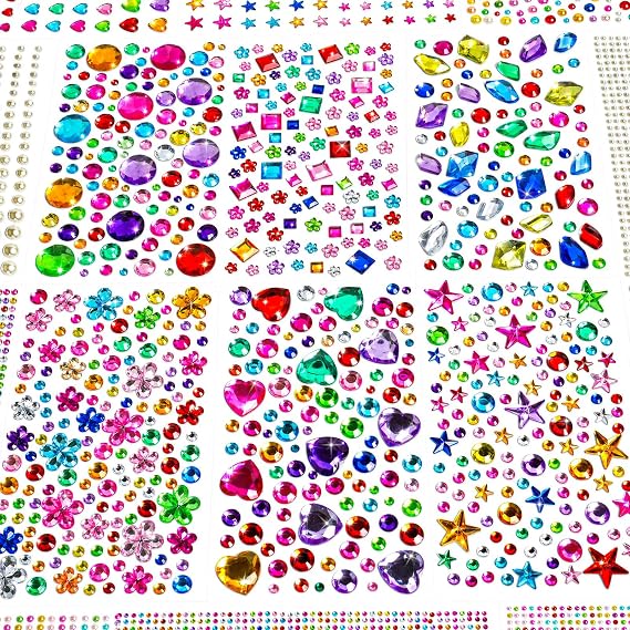 JIUZHU 7500+PCS Jewel Stickers for Crafts, Self Adhesive Gem Stickers Kit, Acrylic Rhinestone Stickers Assorted Shapes for Scrapbooking, Card Making, DIY Projects, Party Decorations