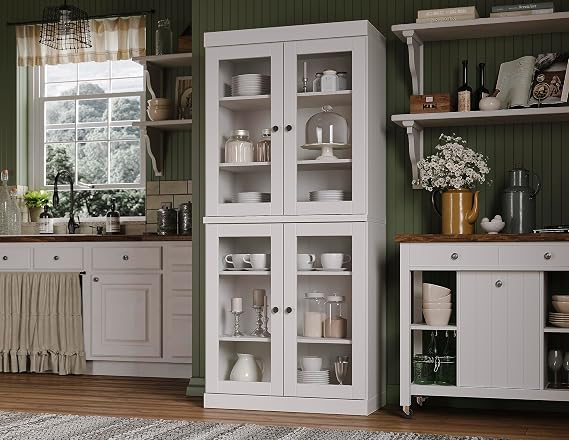 Palace Imports 100% Solid Wood Kitchen Pantry w/ 4 Glass Doors, White, 32" w x 71.5" h, Renewable Eco-Friendly Wood, Made in Brazil