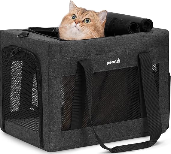 pecute Cat Carrier Stable, Pet Carrier Stable Steel Frame,Dark Grey | Safe Cat Carrier for Car Travel, Soft-Sided Dog/Cat Carrier Bag with Hidden Anxiety Relief Partition for Pets Up to 5kg