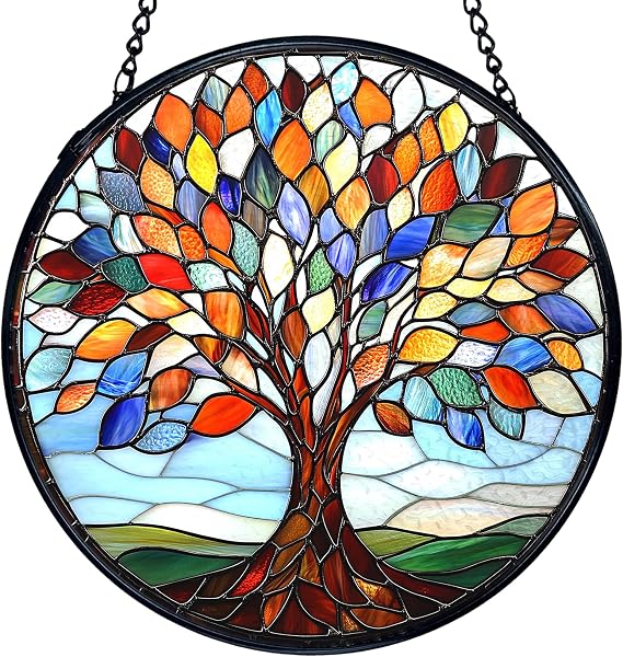 TNUW Tree of Life Suncatcher Stained Glass Window Hanging, Tree of Life Sun Catchers Indoor Window Glass Round Wall Art Decor, Nature Wall Hanging Decorations, 7.9"x7.9"