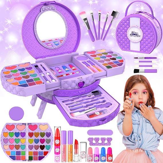 Kids Makeup Kit for Girl, 66 Pcs Washable Makeup Set for Little Girls, Real Cosmetic Set Pretend Play Makeup Toy Beauty Set Christmas & Birthday Gift Age 3 4 5 6 7 8 9+ Year Old Kids Toddler Toys