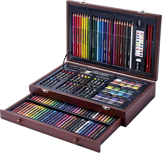 142 Pc Art Set with Colored Pencils, Crayons, Pastels, Watercolors in Wood Carrying Case