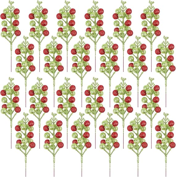 24 Pack Christmas Glitter Green Red Berry Stems, 7.5 Inch Artificial Christmas Berries Picks for DIY Crafts Xmas Tree Christmas Wreath Home Wedding Home Party Decoration (Green&Red)