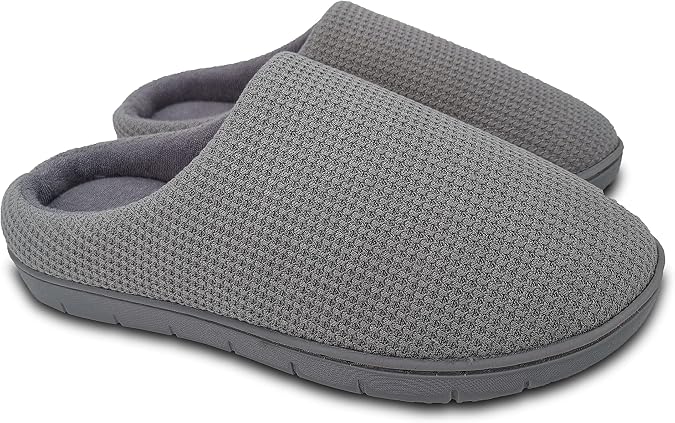 ofoot Mens Cozy Waffle Knitted House Slippers Slip On Bedroom Shoes Closed Toe Clogs Indoor Outdoor Cotton Terry Lined Memory Foam Insole Rubber Soles (US 9.5-10,Grey)