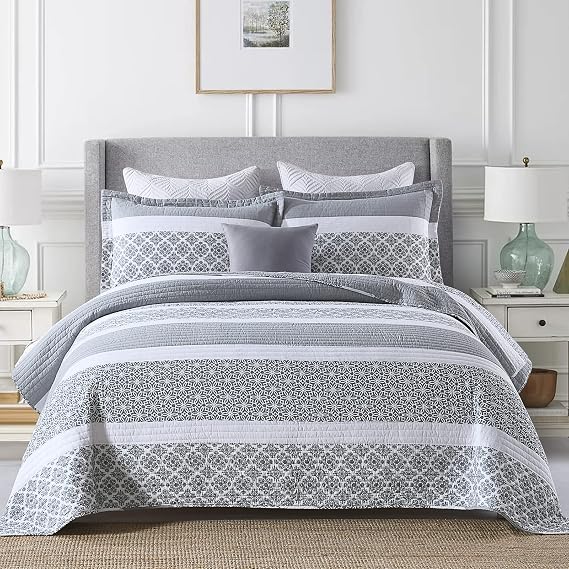 SahSahCasa Quilt Set, Queen Size, 100% Cotton Bedding Set, Reversible Lightweight Floral Patchwork Bedspread for Queen Bed, Bluish Grey, All Season, 3-Piece