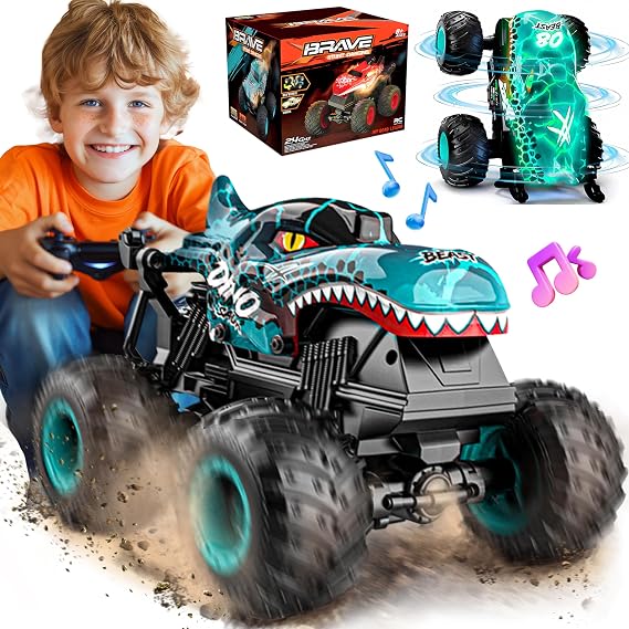 Bezgarベズガー モンスタートラック ライト&ミュージック 恐竜おもちゃ Rcカー 1:20スケール モンスタートラックおもちゃ 360度回転とドリフト付き リモコンカー 子供用 ブルー