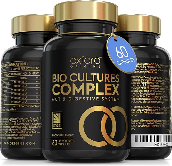 Advanced Bio Cultures for Gut Health | Made in the UK | Scientifically Formulated Pro & Prebiotic Gut Health Supplements | Capsules with 5 Billion Bacterial Cultures, 100 Billion CFU/g | 60 Capsules