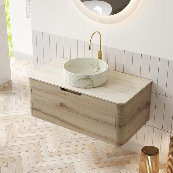 Lafati 36 inch Floating Bathroom Vanity with Sink, Wall-Mounted Ceramic Basin & Sintered Stone Top with Wood Grain Storage Cabinet, Pre-Assembled Plywood Storage, Light Woodgrain