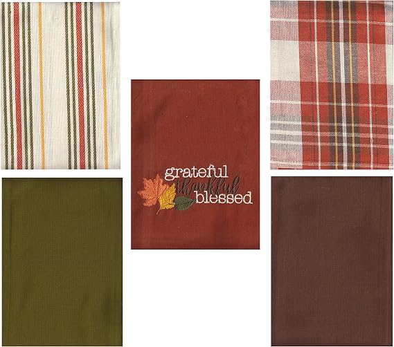 Natco Thanksgiving Towel Set, 5 Pack Kitchen Towels, Grateful Thankful Blessed Cotton Oversize 18 x 28 Inches Fall Theme Design with Solid, Plaid and Stripe