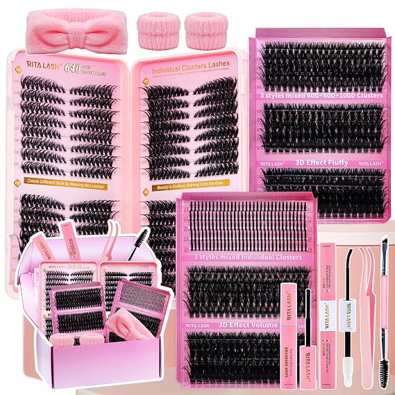 Lash Clusters Kit Eyelash Clusters Kit 3D Effect Cluster Eyelash Extensions Large Pack Cat Eye Lashes Clusters Lash Extension Kit Pestanas Postizas Naturales+Lash Bond&Seal,Remover,Tools(Lash Kit-9)