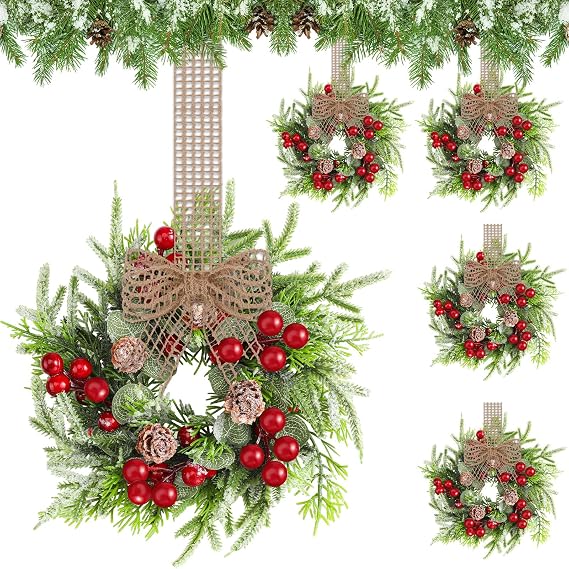 Dingion 4 Pcs Small Christmas Wreaths with Pine Cones Berry Burlap Ribbon