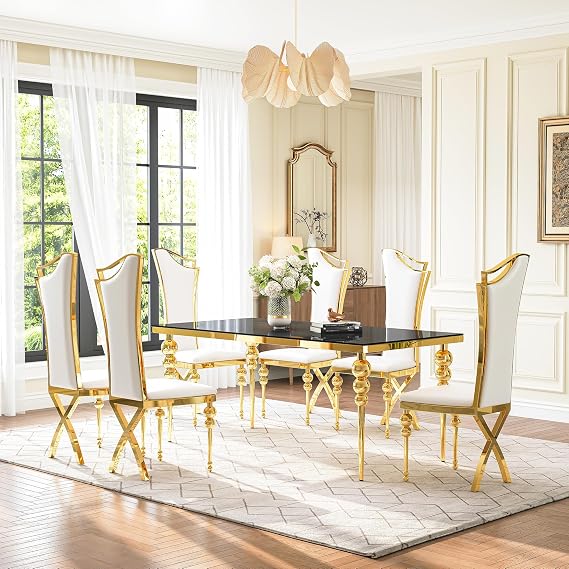 Glass Dining Table Set for 6, Luxurious 70 Inch Rectangular Kitchen Table with Black Tempered Glass Top, 6 White PU Leather Cushion Chairs for Dining Room, Restaurant, Living Room