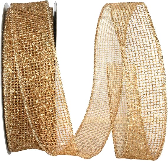 Reliant Ribbon 93290W-035-09H Glitter Web Mesh Metallic Wired Edge Ribbon, 1-1/2 Inch X 20 Yards, Gold