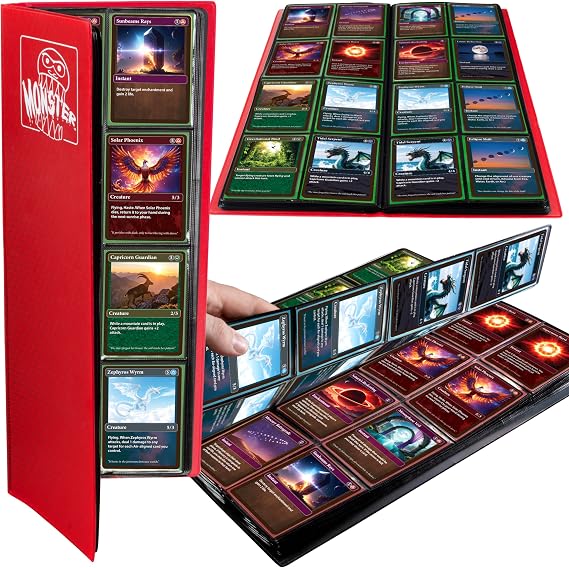 Monster 8 Pocket Trading Card Album - Holofoil Red Binder, Anti-Theft & Anti-Drop TCG Protection w Side Loading Pockets, Holds 320 Cards -Compatible with Yugioh, Pokemon, MTG Magic the Gathering Cards