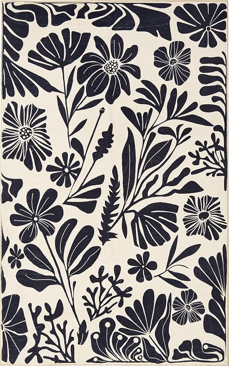 RoomTalks Vintage Floral Botanical 5x7 Area Rugs in Black and Beige, Soft Washable Boho Modern Farmhouse Plants Rug Carpet for Bedroom Living Room Kitchen Dorm, Faux Fur Thin Indoor Entryway Rug