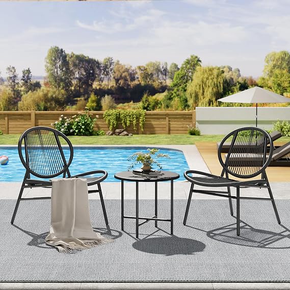 3 Piece Garden Bistro Acapulco Chairs, Outdoor Seating Acapulco Chair, All Weather Modern Patio Chairs Set of 2 with Side Table, Small Patio Conversation Bistro Set for Backyard, Balcony, Porch, Black