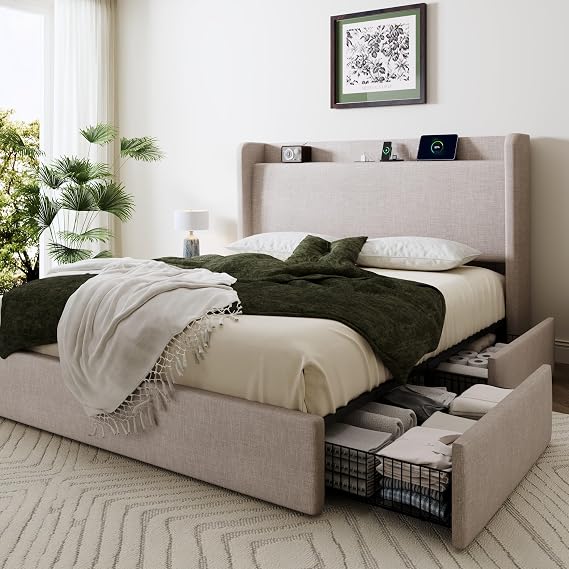 SHA CERLIN Queen Size Storage Bed Frame with 4 Oversized Drawers, Modern Wingback Headboard with Storage Shelf & Charging Station, No Box Spring Needed, Easy Assembly, Beige