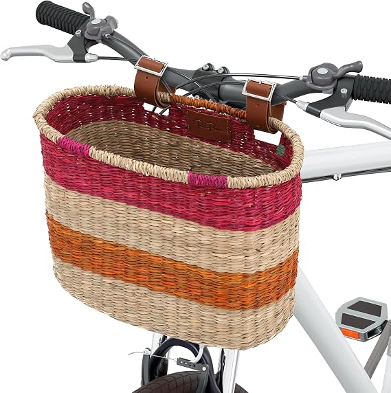 Seagrass Handmade Woven Cruiser Adult Bicycle Basket, Front Bike Basket, Detachable Handlebar Basket, Leather Straps