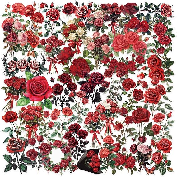 50Pcs Transparent Red Rose Stickers Vinyl Aesthetic Decals for Laptops Skateboards Luggage Helmets Bikes and Phones Teens Adults and Floral Fans