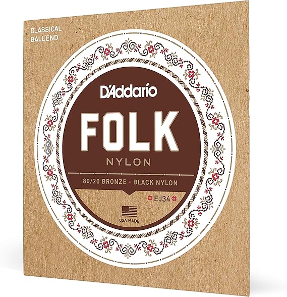 D'Addario Folk Nylon Classical Strings EJ34, Ball End, Black