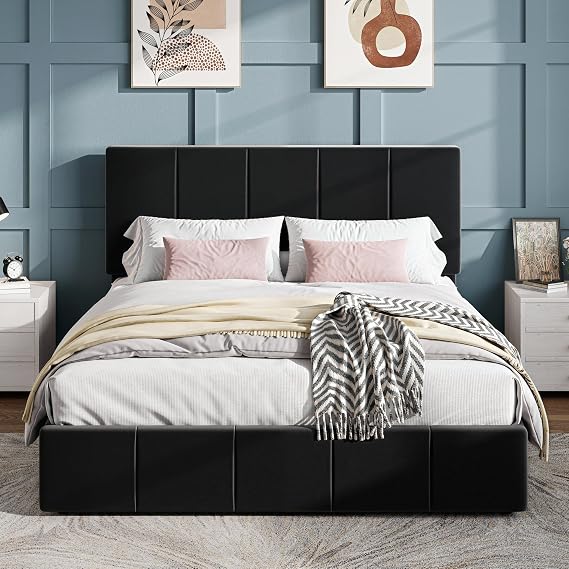 SHA CERLIN Full Size Bed Frame, Velvet Upholstered Platform Bed, Black