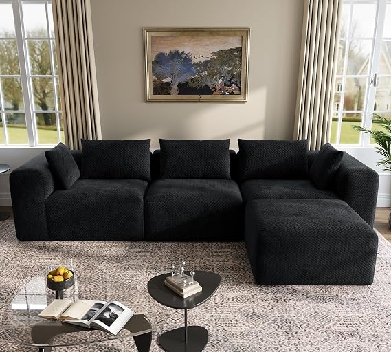 103'' Boneless Couch - Sectional Cloud Sofa for Living Room,L-Shaped Four-Seater Modular Couches,No Assembly Required, Suitable for Living Rooms and Bedrooms,Black