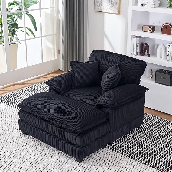 Oversized Chaise Lounge Chair with Ottoman,56.3" Indoor Corduroy Deep Seat Reading Chairs,Comfort Accent Leisure Chair Set for Living Room, Bedroom, Apartment,Balcony(Corduroy Black)