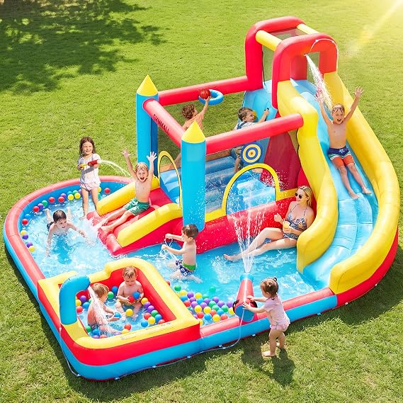 9-in-1 Inflatable Bouncy Castle, Water Slide & Pool, 480W Blower