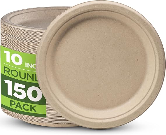 100% Compostable Paper Plates 150 Pack, 10 Inch Brown Round Heavy Duty