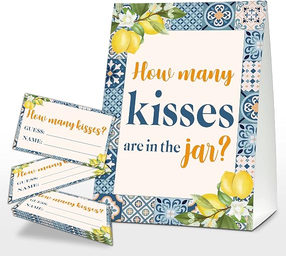 How Many Kisses Are In The Jar Sign, Mediterranean Lemon Bridal Shower Game, Italian Blue Tiles Baby Shower Sign & Tickets, Wedding,(1 Sign + 50 Guessing Cards),01
