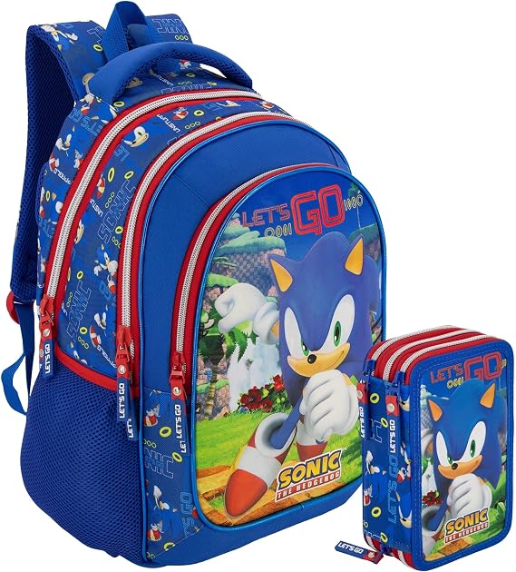 Clondo Children's School School Set 43 cm Ergonomic + Pencil Case 3 Compartments Complete (46 Accessories) | School Pack Characters, Sonic 26, Backpack with pencil case