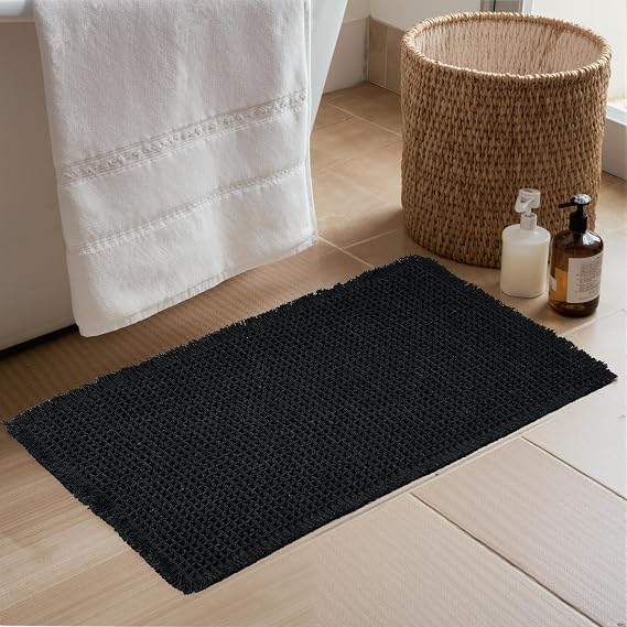 KGORGE Waffle Bath Mat Black Rug 17" X 24" Farmhouse for Bathroom
