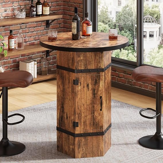 Round Bar Table with Hidden Storage, 39.4" H Bar Height Pub Table with Sturdy Barrel-Inspired Base, Rustic Industrial Bistro Cocktail Table for Pub, Kitchen, Home Bar, Apartment (Table Only)