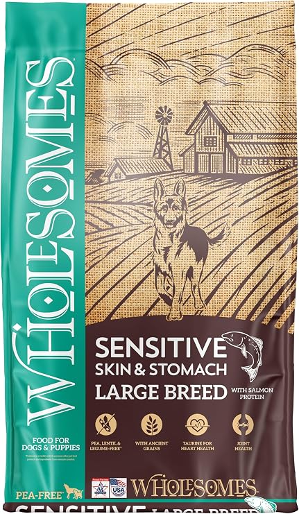 Wholesomes Sensitive Skin & Stomach Large Breed Salmon Dry Dog Food 30 lb | Taurine for heart health and omega fatty acids for skin and coat support, formulated for large breeds