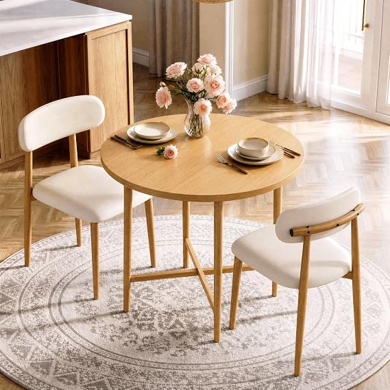 IRONCK 36" Round Dining Table and Chairs Set for 2, Natural Wood | Drop Leaf, 2 Upholstered Chairs, Space Saving, Extendable Kitchen Table