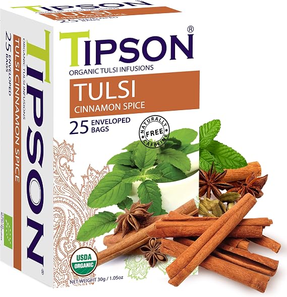 Tipson Organic Tulsi Cinnamon Spice Herbal Tea Foil Enveloped 25 Teabags of 1.2 g