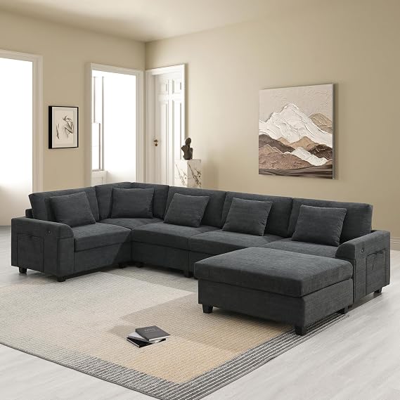 128" U Shaped Sectional Sofa,6 Seat Modular Sectional Sofa Chenille Couch | Hidden Armrest Storage and Cup Holders,USB Charging Ports,Wide Seat Sofa for Living Room,Apartment Cup Holders