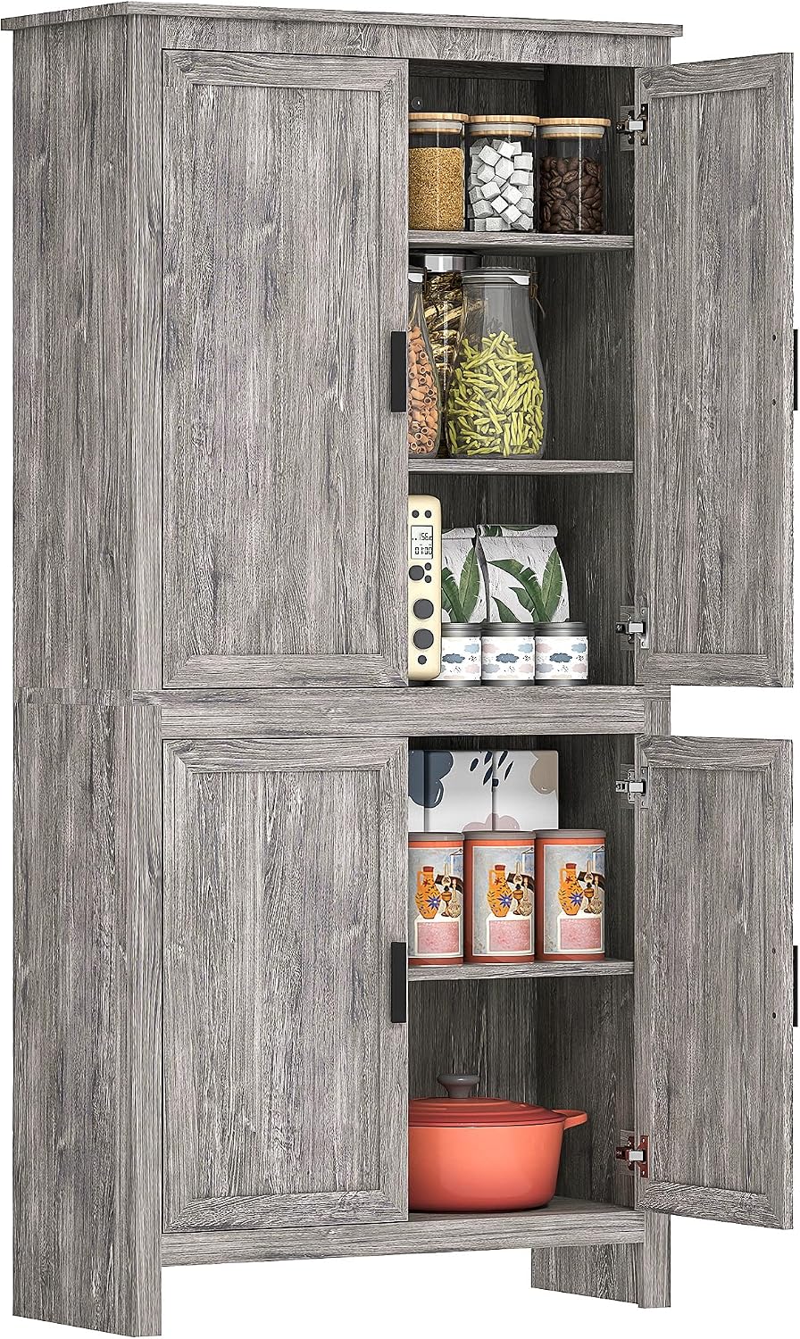 HOMCOM 64 4-Door Kitchen Pantry Freestanding Storage Cabinet with 3 Adjustable Shelves for Kitchen, Dining Room, Gray